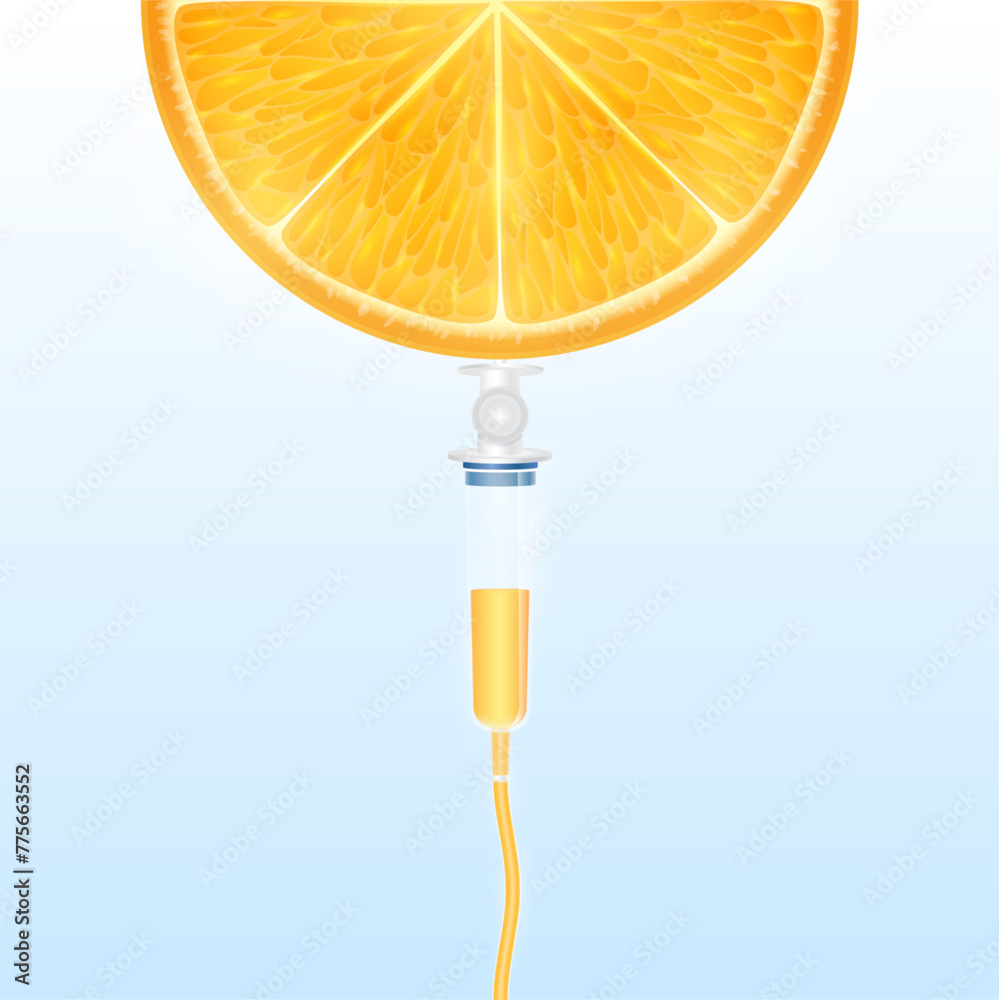 Wall mural saline line and syringe is connected to the fresh orange slice. iv vitamin drip therapy from fruit c