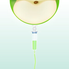 Saline line and syringe is connected to the fresh green apple slice. IV Vitamin drip therapy from fruit rich in nutrients minerals collagen natural. Medical beauty concept. Vector illustration.