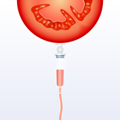 Saline line and syringe is connected to the fresh tomato slice. IV Vitamin drip therapy from fruit rich in nutrients minerals collagen natural. Medical beauty concept. Vector illustration.