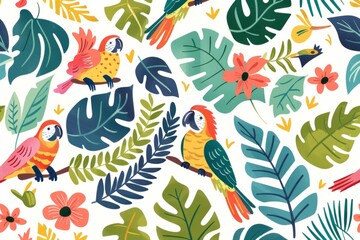 Cartoon cute doodles of a lively jungle pattern featuring colorful parrots, monkeys, and tropical foliage, Generative AI