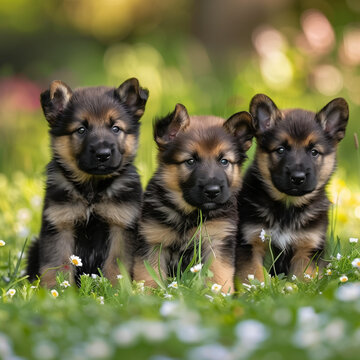 Three adorable German Shepherd puppies sitting in a lush green field with daisies, looking curiously at the camera