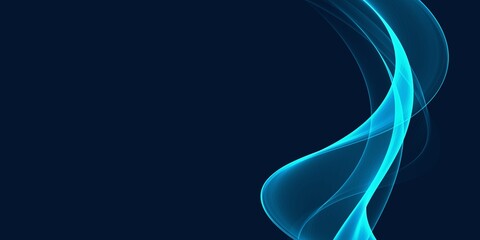 Abstract blue background with wave of flowing particles over dark, smooth curve shape lines