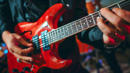 Fototapeta premium A close-up photo capturing the essence of rock music, with a guitarist's hands skillfully playing a vibrant red electric guitar