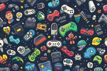  Cartoon cute doodles of a retro arcade pattern with colorful pixels, joysticks, and classic video game characters, Generative AI