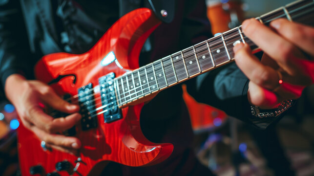 A close-up photo capturing the essence of rock music, with a guitarist's hands skillfully playing a vibrant red electric guitar