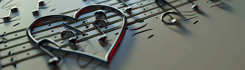 Musical notes in a heart shape, 3D render, composing the melody of love