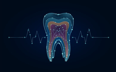 Electronic tooth dental and pulse wave glowing between connecting lines. Human organ microchip data circuit code. Medical science of technology futuristic digital innovative health care. Vector EPS10. - obrazy, fototapety, plakaty