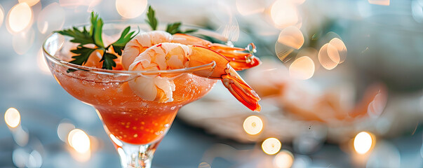 Prawn cocktail, classic glass presentation, soft background for text