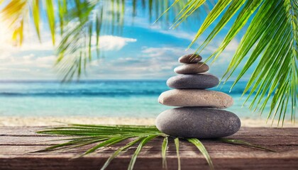 Fototapeta na wymiar Oceanic Zen: Wooden Platform Displaying Pebble Stones and Palm Fronds - Coastal Spa Serenity