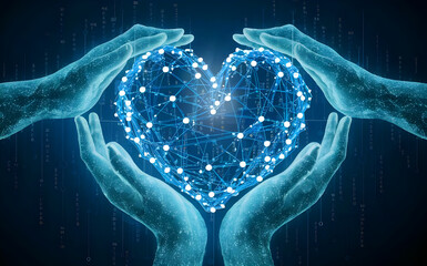 Blue Heart Shape Network in Hands - health data - information exchange - data visualization - love as virtual gift - generative ai