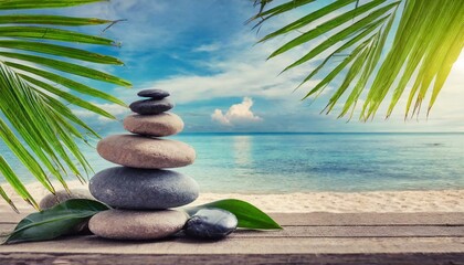 Soothing Seashore: Stack of Pebble Stones on Wood with Palm Fronds - Serene Beach Spa Ambiance
