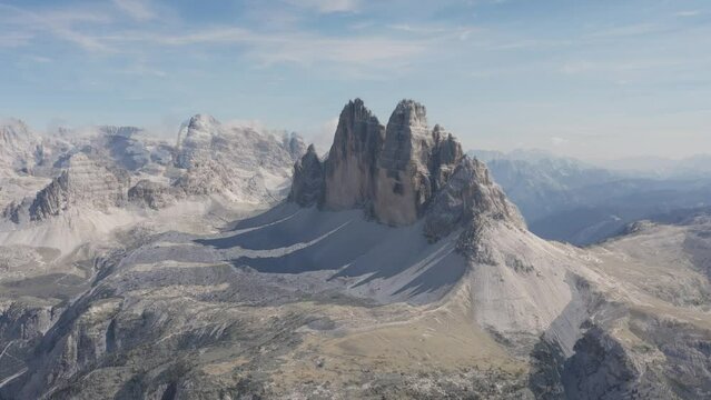 Natures unique Tre Cime di Lavaredo, Dolomites Aerial winter to summer fade transition, 