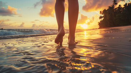 Woman walking in beach during sunset, barefoot and waves, close up portrait