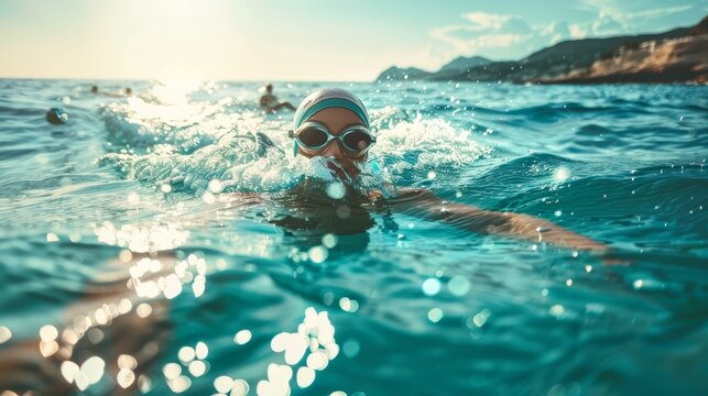 Swimmer with pink goggles during golden hour. Open water swimming with bright sunlight and clear blue sky.