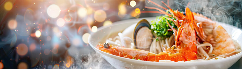 Seafood noodles in broth, steamy and aromatic, upper space for text - obrazy, fototapety, plakaty