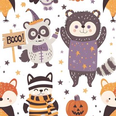 Obraz premium Cute animal characters dressed in Halloween costumes on a white background