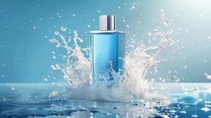 Water splashes out of a blue perfume bottle in an elegant and dynamic display