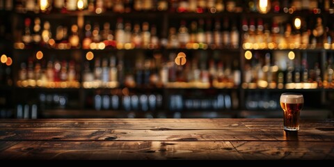 A glass of beer is placed on top of a wooden table in a moody cafe setting - obrazy, fototapety, plakaty