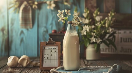Classic milk bottle with white flowers and World Milk Day calendar on a rustic wooden table. - obrazy, fototapety, plakaty