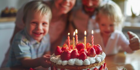 A family of four celebrating a birthday, gathered around a table with a colorful strawberry cake,...