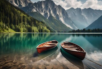 canoe on lake, beautiful view - obrazy, fototapety, plakaty