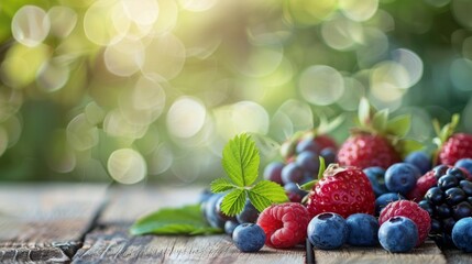 Fresh berries and raspberries arranged on a wooden table with a blurred background