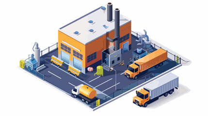 Isometric 3D Factory Building With Pipes Truck And background