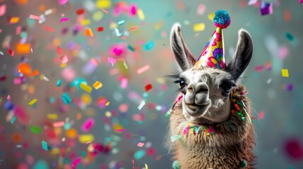 A happy llama wearing a party hat, surrounded by colorful confetti