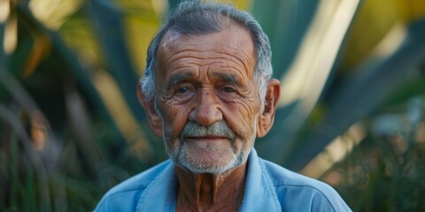 An elderly man with a white beard wearing a blue shirt