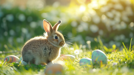 A cute bunny amid Easter eggs in a sunlit field, symbolizing Easter celebration