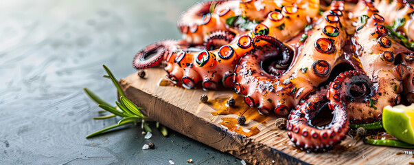Grilled octopus on wooden board, Mediterranean flair, sky background for text - obrazy, fototapety, plakaty