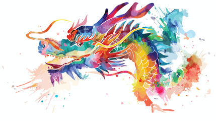Dragon face colorful paint in watercolor on a white background