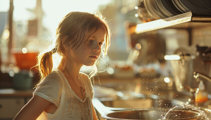 a girl 8 years old washing dishes,generative ai