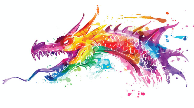 Dragon face colorful paint in watercolor on a white background