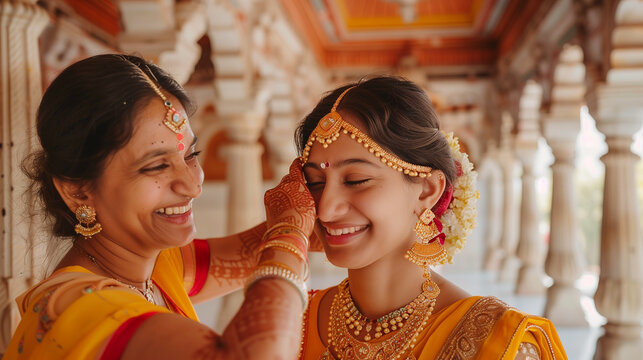 Affectionate indian woman adjusting the bindi of a smiling young girl dressed in traditional attire