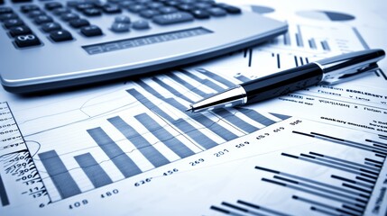Financial analysis with calculator and pen on paper charts. Business accounting and economic data evaluation concept