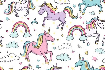 Cartoon cute doodles of a whimsical unicorn pattern with colorful rainbows, clouds, and magical unicorns prancing around, Generative AI
