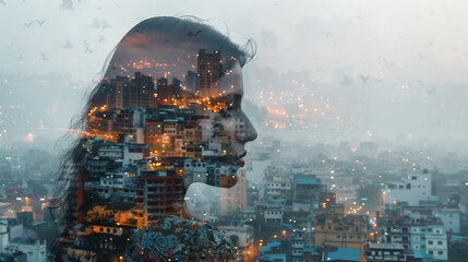 Artistic double exposure portrait of an Indian woman overlaid with a bustling Indian cityscape at dusk - obrazy, fototapety, plakaty