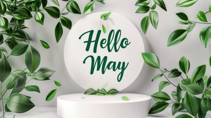 Hello May - lettering calligraphy on white round podium stage with florals and leaves decoration