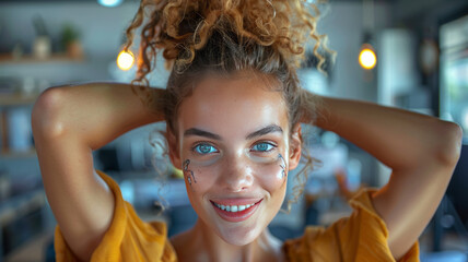 Portrait of a young woman screeming with a funny face, casual clothes , Holds hairs up, in business environment,generative ai