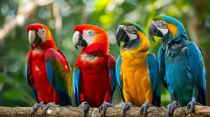 Colorful Parrots Perched on a Branch
