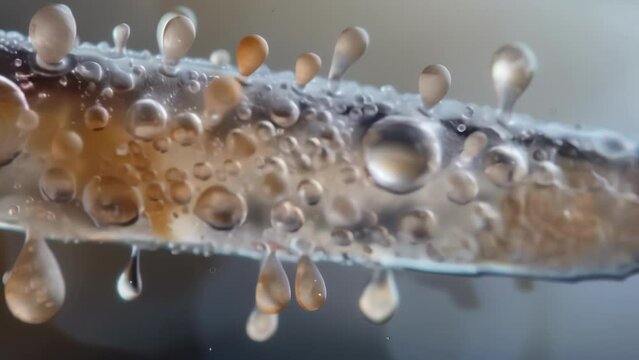 A closeup of a single conidium revealing its distinctive shape and detailed structure under high magnification. . AI generation.