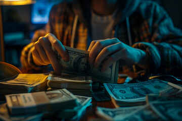 A close-up of a person's hands counting and sorting dollar bills. A man in an electric blue room...