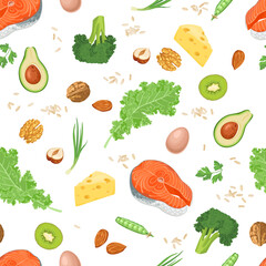 Healthy food background. Seamless pattern with organic diet meal. Vector cartoon illustration.