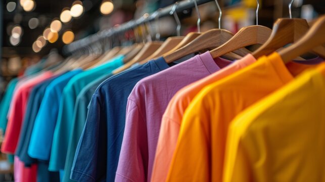 men's t-shirts on a rack, colorful colors, round neck, short sleeves