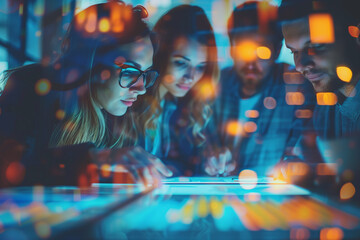 A group of colleagues collaborating on a project related to financial analysis.A group of people enjoying indoor games on a blue tablet