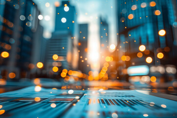 A group of financial advisors discussing investment strategies with clients. Blurry cityscape at night with papers scattered on the ground