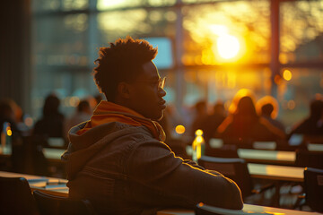 A person attending a seminar on personal finance and wealth management. A man enjoys the evening at a city restaurant at sunset
