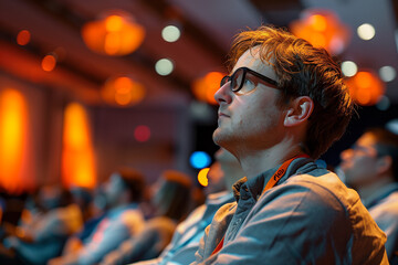 A person attending a seminar on venture capital investing and startup funding.A man with glasses is enjoying a presentation in an auditorium - obrazy, fototapety, plakaty