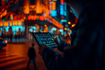 A person researching stocks and market trends on a tablet device. A person is holding a tablet in their hands in front of a city street at night